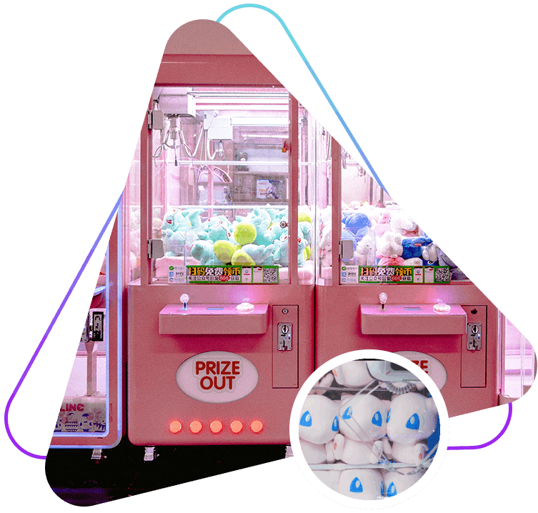 A pink machine with many blue and white bottles in it.